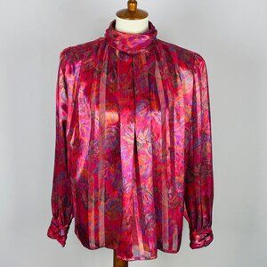 Vtg 80s Distinction Satin Top Sz 16 Sheer Mock Neck Pleated Career Jewel Tone